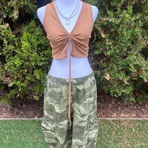 Brown Ruched V Neck Scrunched Crop Top
